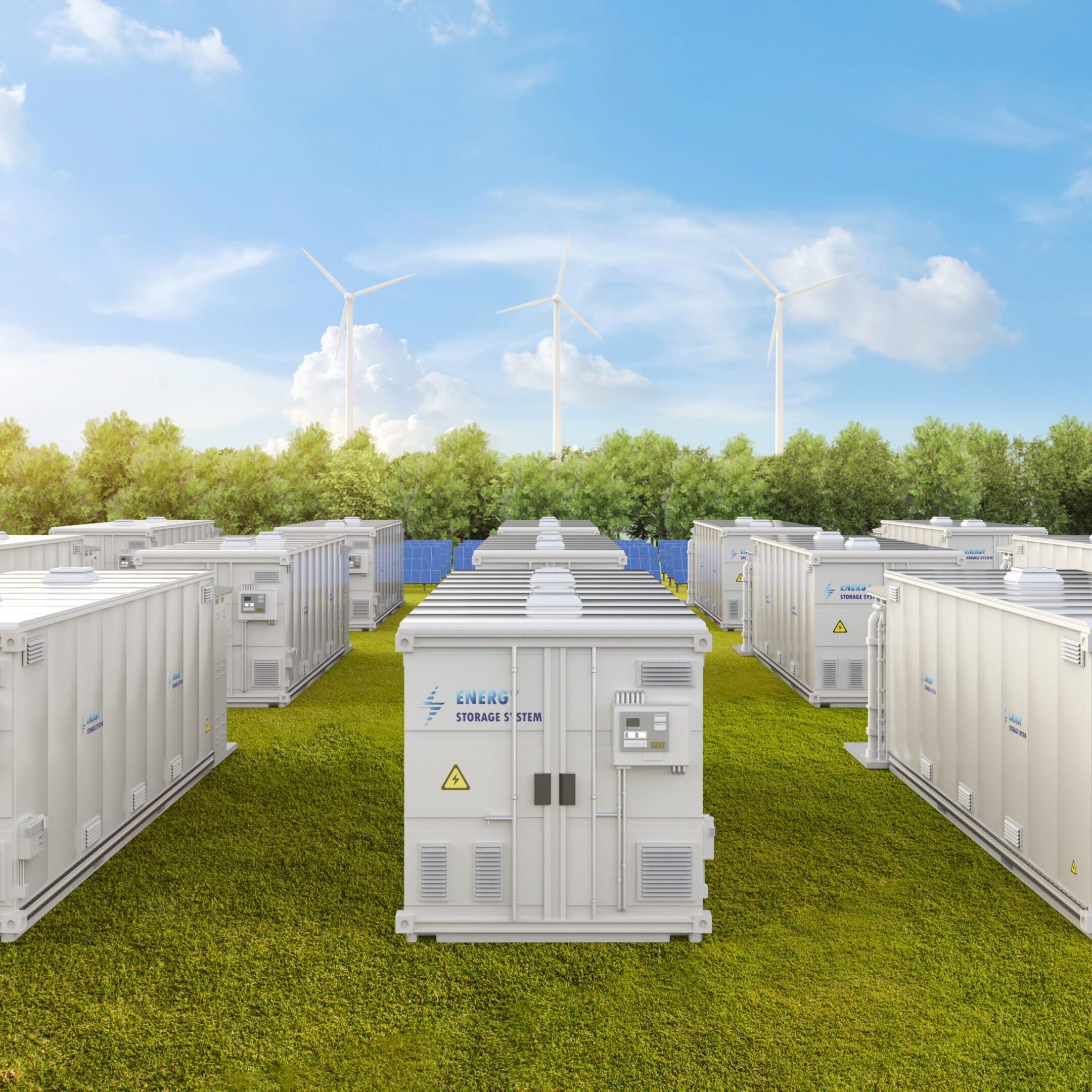 3d rendering amount of energy storage systems or battery container units with solar and turbine farm